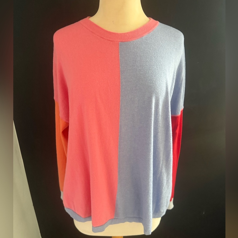 Colorblock Knit Womens Blouse Lightweight Sweater Size Medium Red Pink Blue
